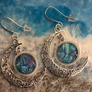 Half Moon Silver Blue Earrings